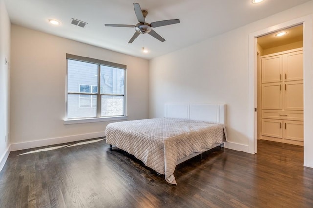 3023 Clamath Dr, Dallas, TX 75204 - bedroom featuring dark wood-style floors, baseboards, recessed lighting, and ceiling fan