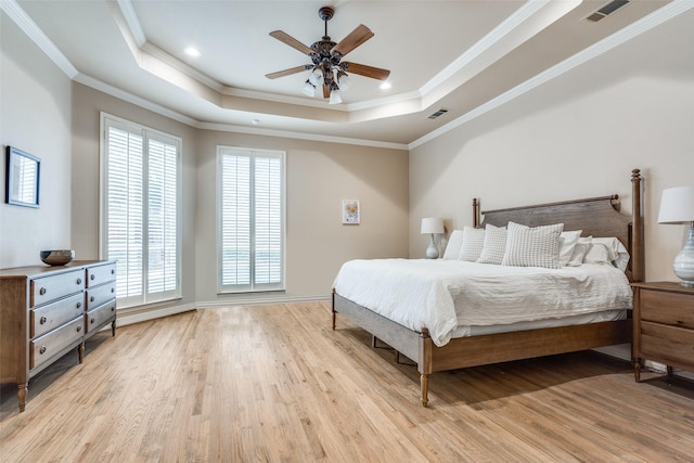 5709 Ridgehaven, Plano, TX 75093 - bedroom featuring a tray ceiling, light wood-type flooring, ornamental molding, recessed lighting, and baseboards