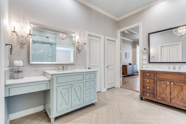 5709 Ridgehaven, Plano, TX 75093 - full bathroom with a chandelier, crown molding, walk in shower, and two vanities