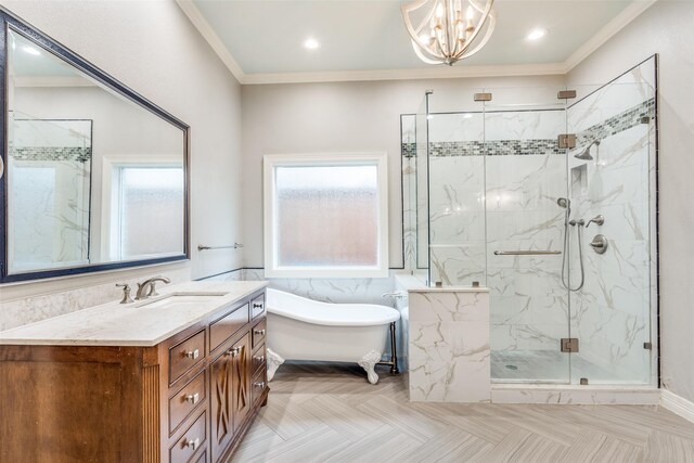 5709 Ridgehaven, Plano, TX 75093 - full bath with a marble finish shower, a soaking tub, vanity, crown molding, and a chandelier