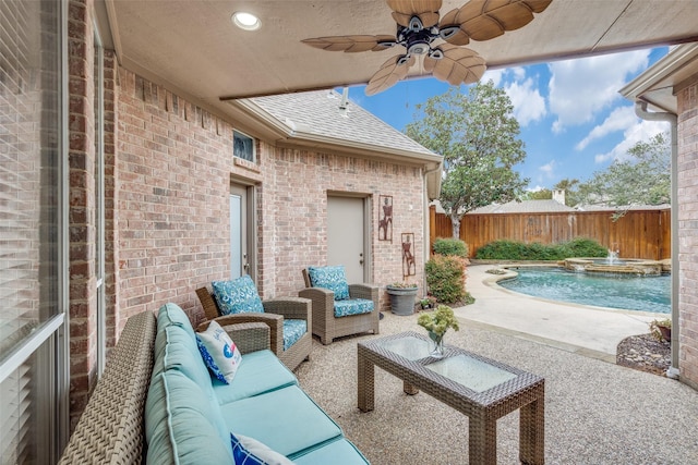 5709 Ridgehaven, Plano, TX 75093 - view of patio / terrace with a fenced backyard, ceiling fan, an outdoor hangout area, and a pool with connected hot tub