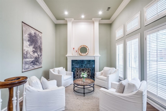 5709 Ridgehaven, Plano, TX 75093 - living area featuring ornamental molding and recessed lighting