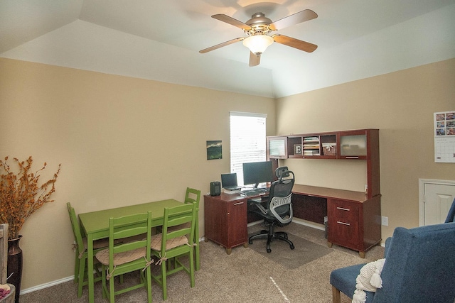 12073 Tyler Dr, Frisco, TX 75035 - office featuring lofted ceiling, light carpet, a ceiling fan, and baseboards