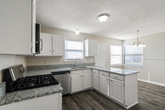 kitchen featuring a peninsula, a sink, appliances with stainless steel finishes, and dark wood-style flooring