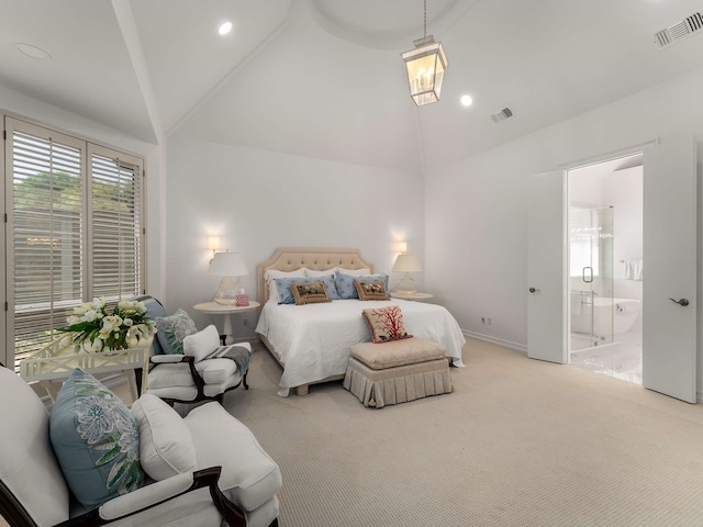 carpeted bedroom with baseboards, ensuite bathroom, recessed lighting, and visible vents