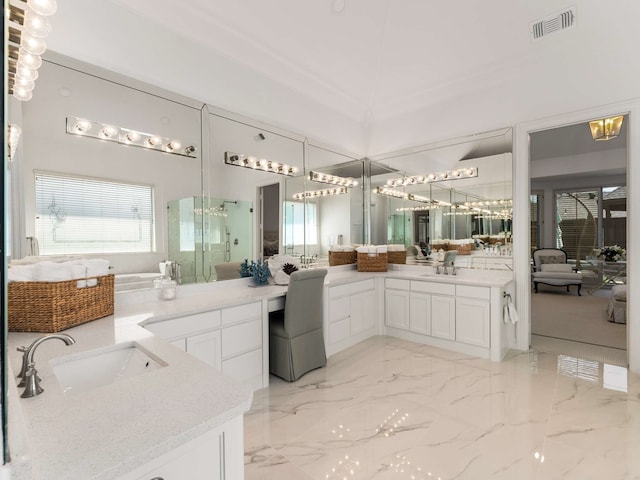 bathroom with a sink, marble finish floor, two vanities, visible vents, and a stall shower