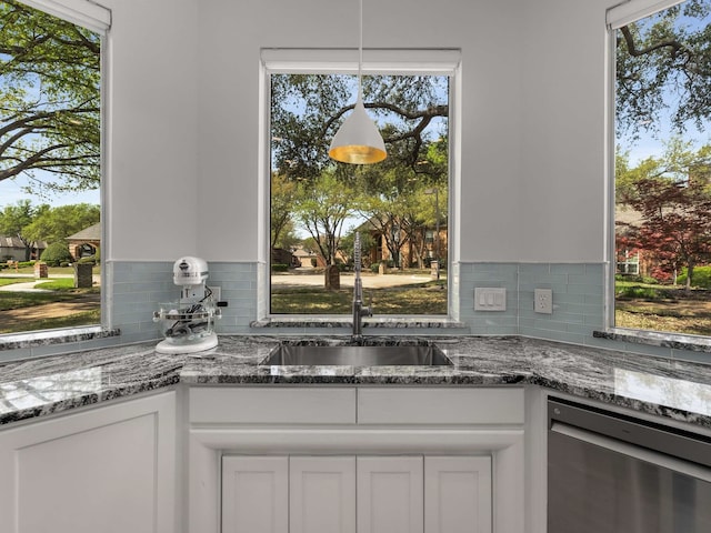 room details featuring a sink, tasteful backsplash, white cabinets, and dishwasher