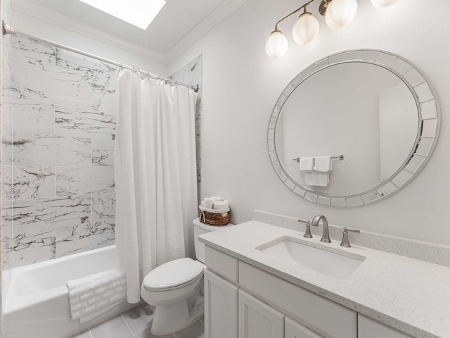 full bath featuring vanity, ornamental molding, toilet, and shower / tub combo with curtain