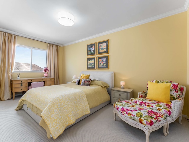 bedroom with crown molding and carpet