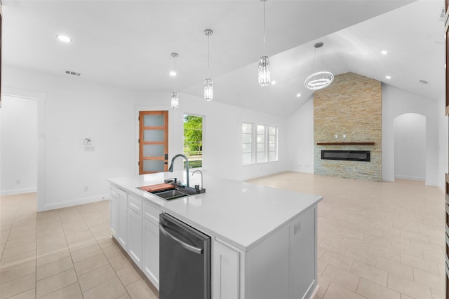 6048 Vz County Rd Unit 2120, Wills Point, TX 75169 - kitchen with white cabinets, visible vents, dishwasher, a sink, and lofted ceiling