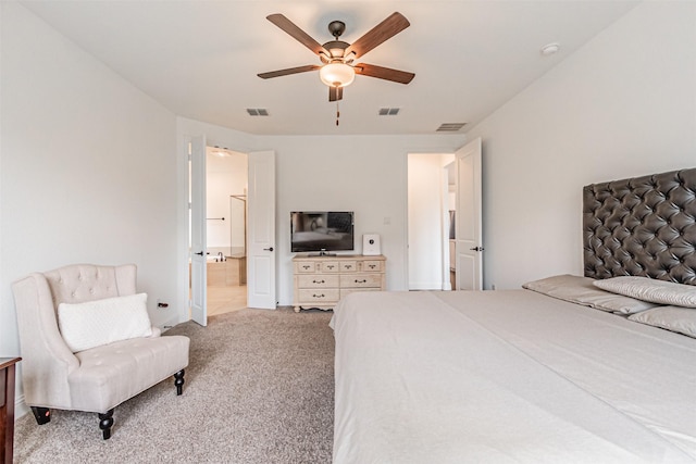 bedroom featuring carpet flooring, ceiling fan, and visible vents