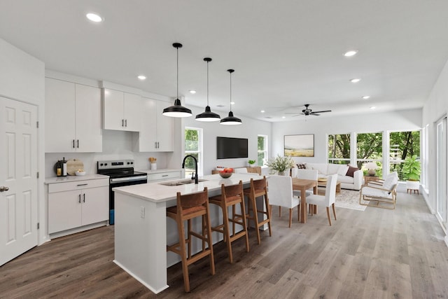 403 Tealridge Ct, Desoto, TX 75115 - kitchen with stainless steel range with electric stovetop, a sink, recessed lighting, healthy amount of natural light, and open floor plan