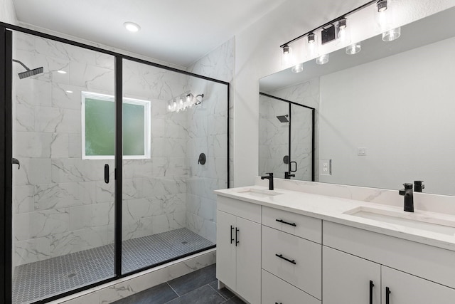 403 Tealridge Ct, Desoto, TX 75115 - bathroom with a marble finish shower and double vanity