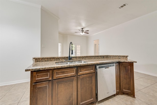 3234 Culver St, Dallas, TX 75223 - kitchen featuring dishwasher, a sink, light tile patterned floors, a ceiling fan, and ornamental molding