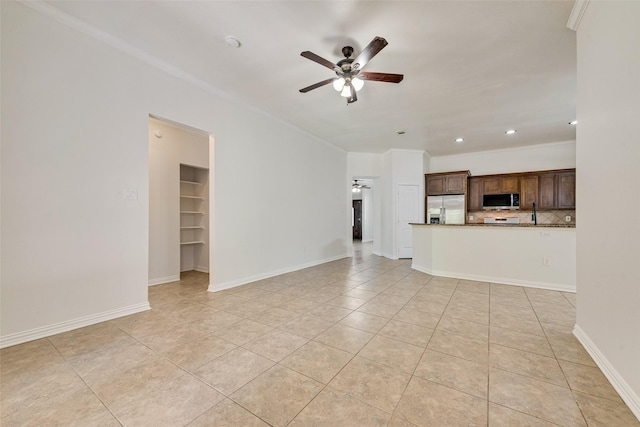 3234 Culver St, Dallas, TX 75223 - unfurnished living room with a ceiling fan, light tile patterned floors, ornamental molding, recessed lighting, and baseboards