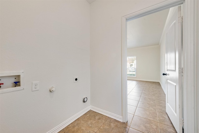 3234 Culver St, Dallas, TX 75223 - washroom with gas dryer hookup, hookup for an electric dryer, hookup for a washing machine, light tile patterned floors, and crown molding