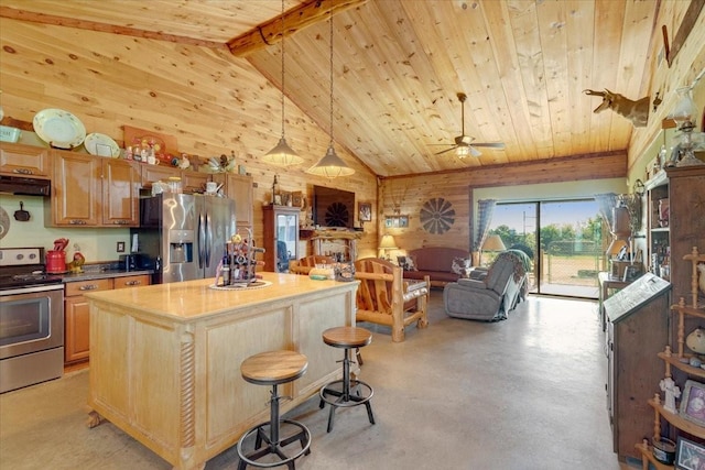 kitchen with open floor plan, wood ceiling, under cabinet range hood, a ceiling fan, and stainless steel appliances