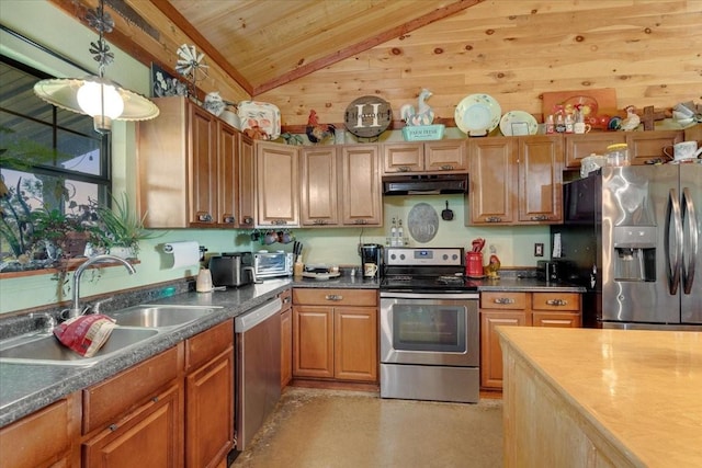 kitchen with lofted ceiling, under cabinet range hood, wooden ceiling, a sink, and appliances with stainless steel finishes