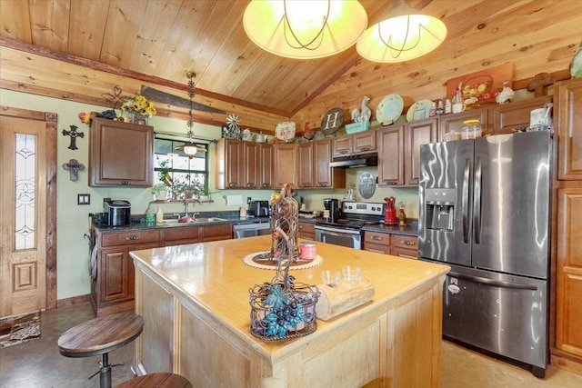 kitchen featuring lofted ceiling, under cabinet range hood, wooden ceiling, a sink, and appliances with stainless steel finishes