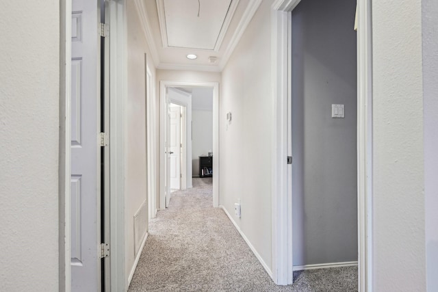 4516 Chesterwood Dr, Plano, TX 75093 - corridor with carpet, ornamental molding, attic access, and baseboards
