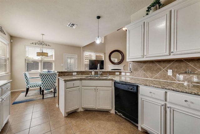 kitchen with light tile patterned floors, backsplash, visible vents, black dishwasher, and a peninsula