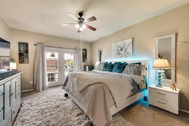 bedroom featuring french doors, a ceiling fan, access to outside, baseboards, and light colored carpet
