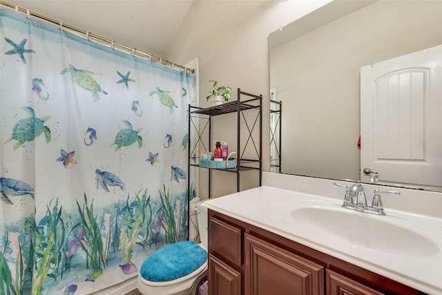 bathroom with a shower with shower curtain, toilet, and vanity