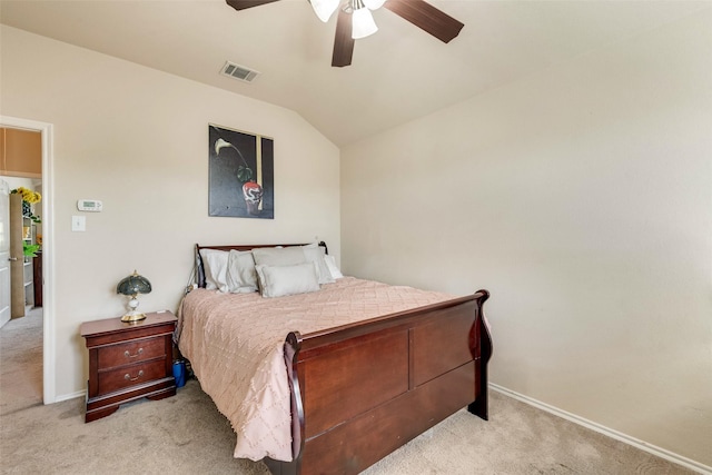 bedroom featuring carpet floors, lofted ceiling, baseboards, visible vents, and ceiling fan