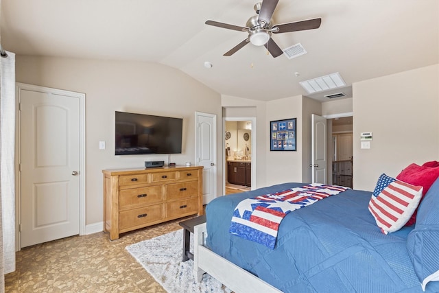 bedroom with a ceiling fan, ensuite bath, lofted ceiling, and visible vents