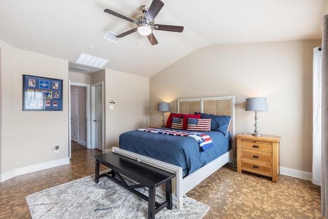 bedroom with baseboards, lofted ceiling, visible vents, and ceiling fan