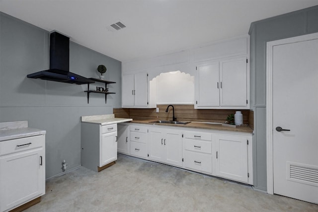 1326 W Shepherd St, Denison, TX 75020 - kitchen with a sink, wall chimney exhaust hood, white cabinets, light countertops, and open shelves