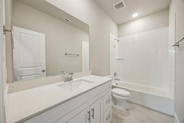 bathroom with visible vents, tile patterned floors, vanity, toilet, and  shower combination