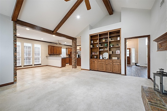 2215 Burgundy Dr, Carrollton, TX 75006 - living room with high vaulted ceiling, light colored carpet, beamed ceiling, and a ceiling fan