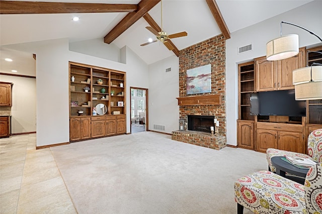 2215 Burgundy Dr, Carrollton, TX 75006 - living area featuring high vaulted ceiling, beamed ceiling, a ceiling fan, and visible vents