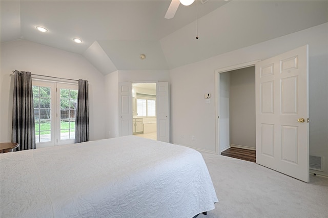 2215 Burgundy Dr, Carrollton, TX 75006 - bedroom with ceiling fan, carpet, ensuite bath, visible vents, and lofted ceiling