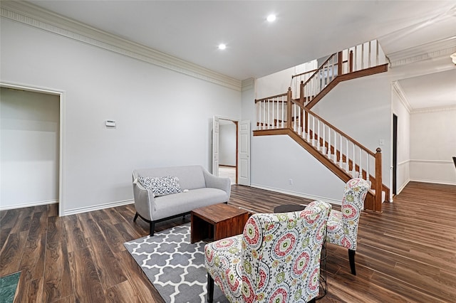 2215 Burgundy Dr, Carrollton, TX 75006 - living room featuring crown molding, wood finished floors, baseboards, and stairs