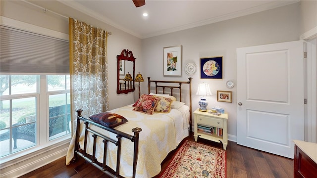 133 Creek Rdg, Waco, TX 76708 - bedroom with ornamental molding, dark wood-style floors, recessed lighting, baseboards, and ceiling fan