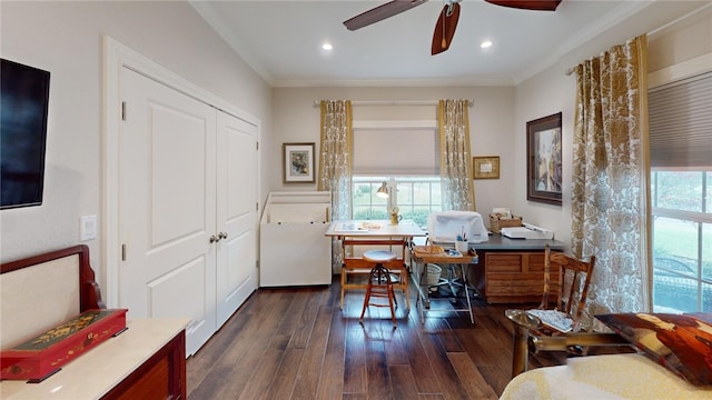133 Creek Rdg, Waco, TX 76708 - office featuring ceiling fan, ornamental molding, dark wood-style flooring, and recessed lighting