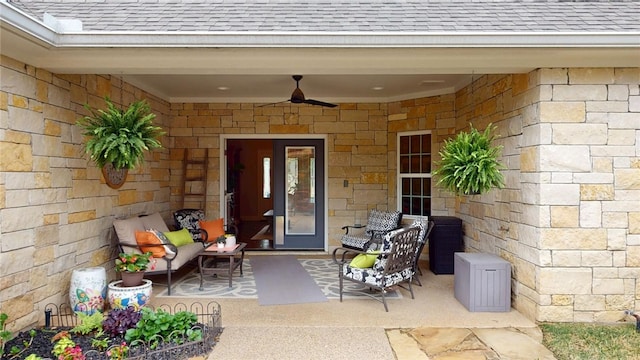 133 Creek Rdg, Waco, TX 76708 - doorway to property featuring a shingled roof, a patio area, and ceiling fan