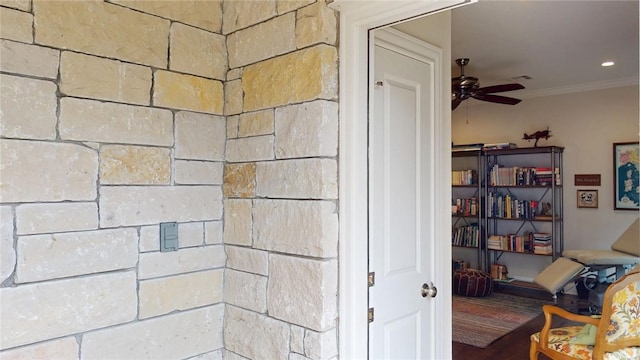 133 Creek Rdg, Waco, TX 76708 - bathroom with ceiling fan, ornamental molding, and wood finished floors