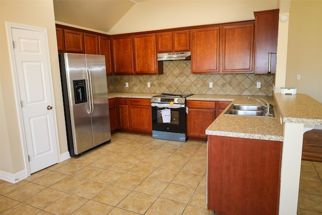 212 Telfair Ln, Bossier City, LA 71112 - kitchen with light tile patterned floors, a sink, a peninsula, under cabinet range hood, and stainless steel appliances
