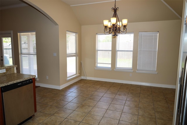 212 Telfair Ln, Bossier City, LA 71112 - unfurnished dining area featuring an inviting chandelier, light tile patterned floors, arched walkways, vaulted ceiling, and baseboards