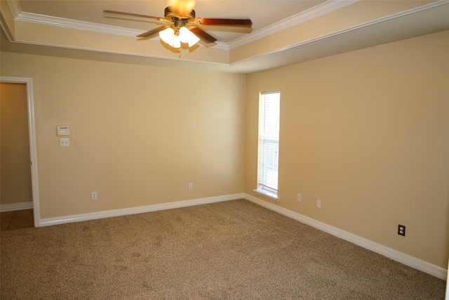 212 Telfair Ln, Bossier City, LA 71112 - carpeted empty room with baseboards, a tray ceiling, a ceiling fan, and ornamental molding