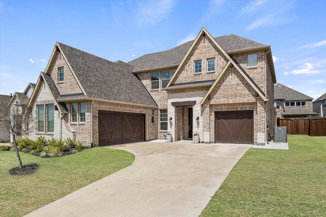 view of front of property with central AC unit, concrete driveway, a front yard, brick siding, and a shingled roof