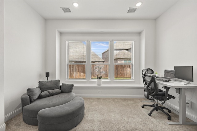 office with recessed lighting, carpet floors, baseboards, and visible vents