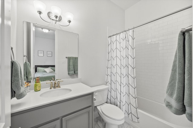 ensuite bathroom with ensuite bath, toilet, shower / tub combo with curtain, and vanity