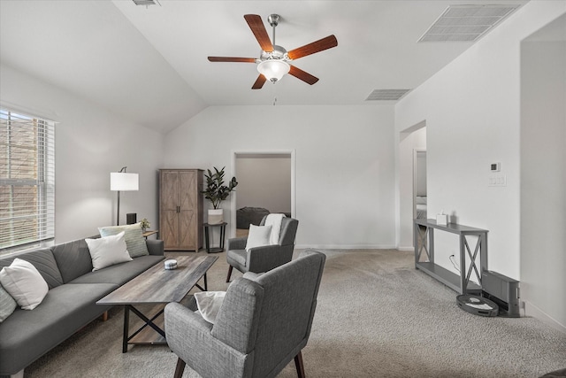 carpeted living area with vaulted ceiling, baseboards, ceiling fan, and visible vents