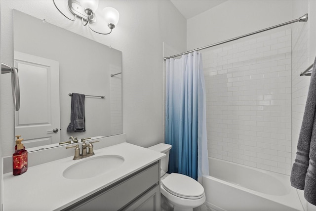 bathroom with shower / tub combo with curtain, toilet, and vanity