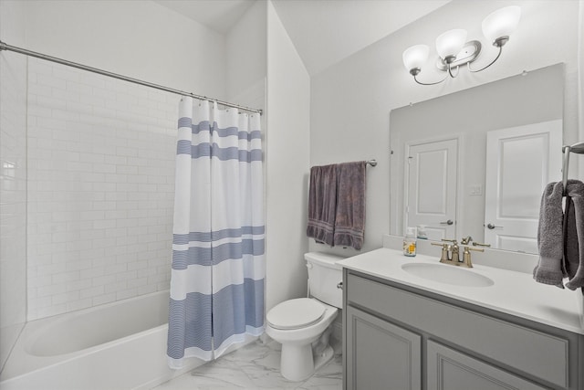 full bath with marble finish floor, toilet, vanity, and shower / bath combo with shower curtain