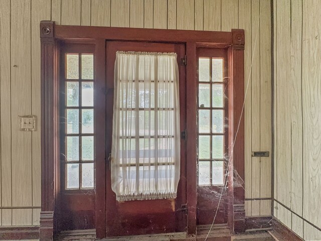 doorway to outside featuring wood walls and a healthy amount of sunlight